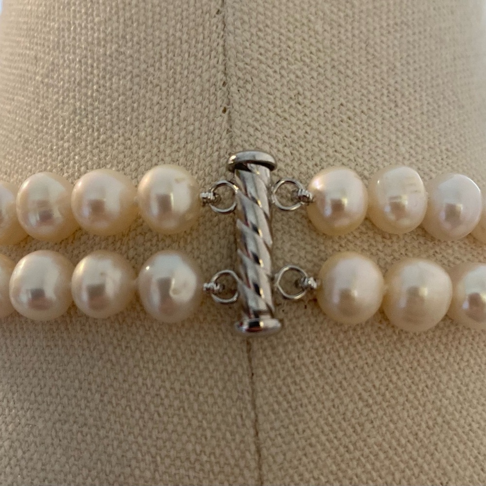 CULTURED FRESHWATER PEARL Double Strand Sterling Silver Clasp 20" Inch - Picture 7 of 11